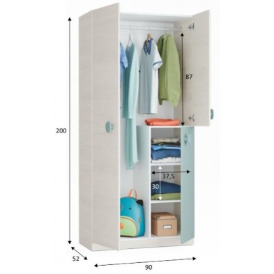 Armario juvenil 3 Puertas Snuba Blanco Alpes/Verde Acqua